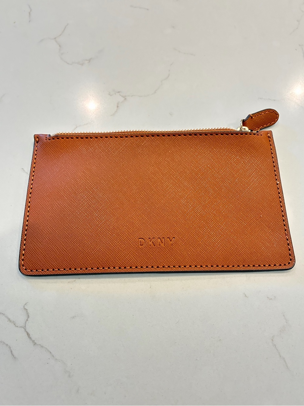 NWOT DKNY Cognac Brown Saffiano Textured Zip-Top Pouch / Wallet